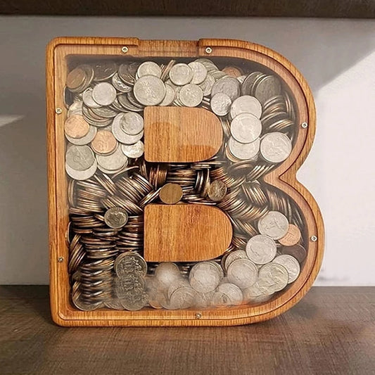 26 Letter Piggy Bank Wooden Coin Money Saving Box Jar Coins Storage Box for Kids Desktop Ornament Home Decor.
